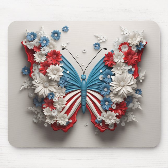 RED WHITE BLUE PATRIOTIC BUTTERFLY & FLOWERS MOUSE MAT (Front)
