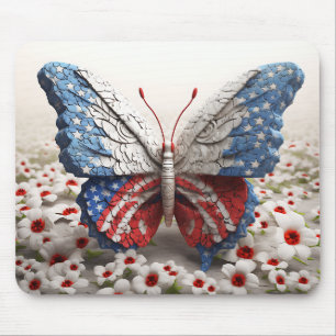 RED WHITE BLUE PATRIOTIC BUTTERFLY & FLOWERS MOUSE MAT