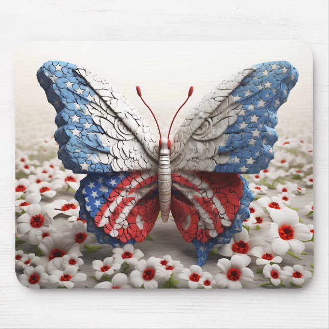 RED WHITE BLUE PATRIOTIC BUTTERFLY & FLOWERS MOUSE MAT (Front)