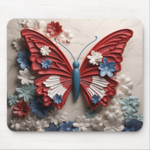 RED WHITE BLUE PATRIOTIC BUTTERFLY & FLOWERS MOUSE MAT