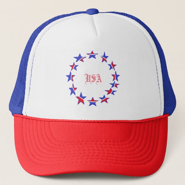 Red White Blue  Patriotic Cap. Trucker Hat (Front)