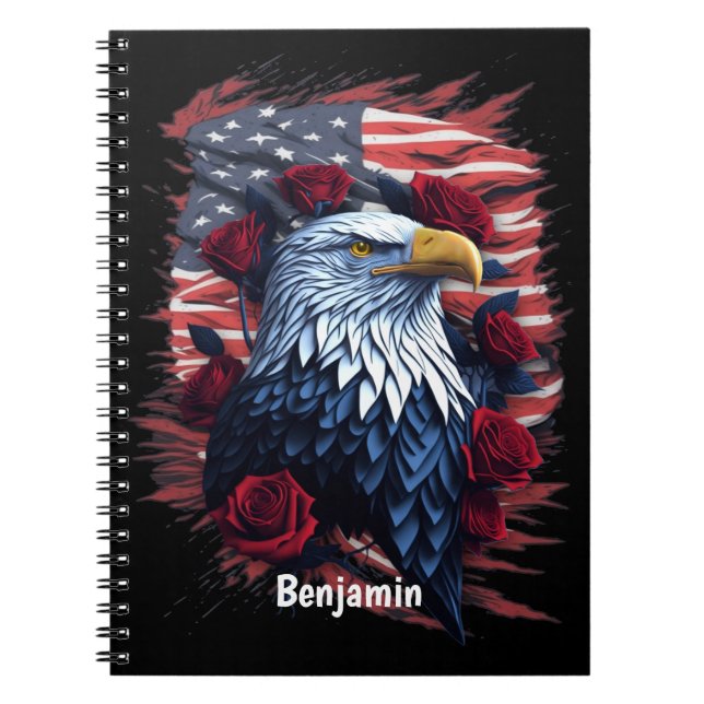 Red White Blue Patriotic Flag Eagle Roses Joural Notebook (Front)