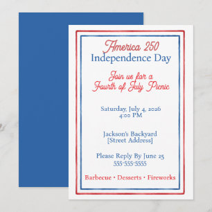 Red, White & Blue Patriotic Fourth of July Picnic Invitation