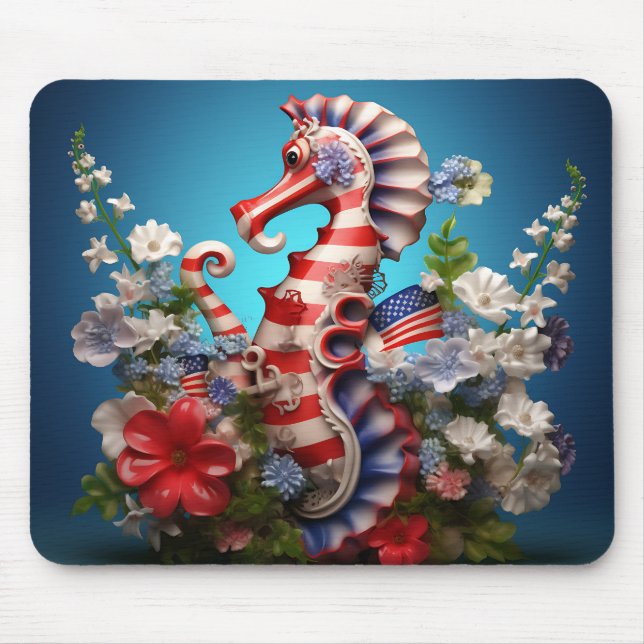 RED WHITE BLUE PATRIOTIC SEAHORSE AND FLOWERS MOUSE MAT (Front)