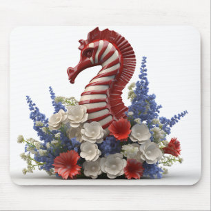 RED WHITE BLUE PATRIOTIC SEAHORSE AND FLOWERS MOUSE MAT