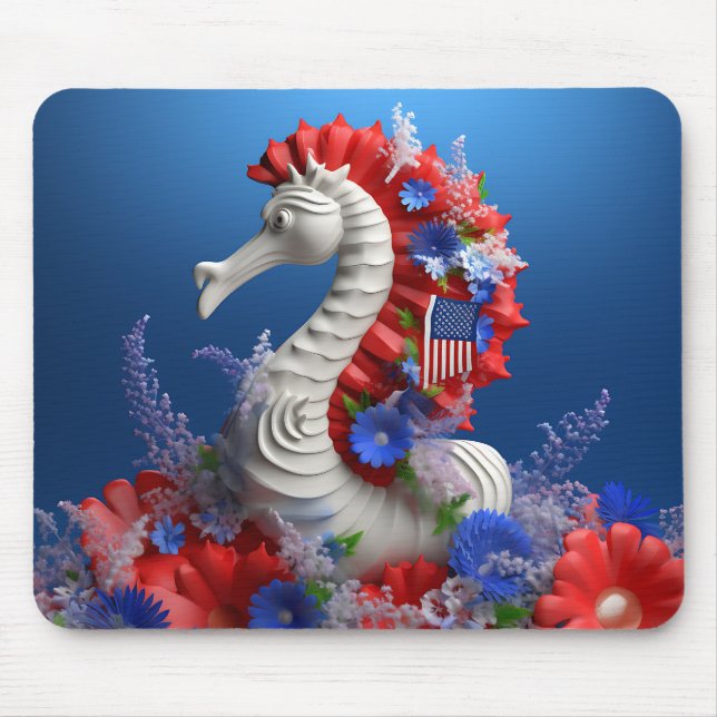RED WHITE BLUE PATRIOTIC SEAHORSE AND FLOWERS MOUSE MAT (Front)