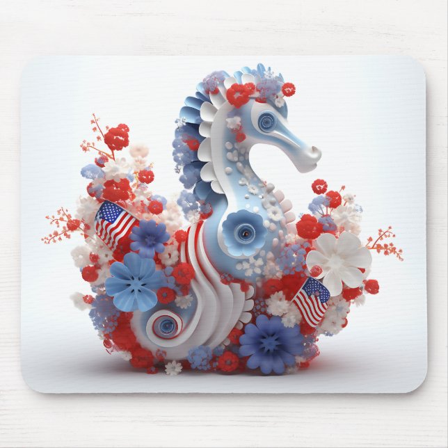RED WHITE BLUE PATRIOTIC SEAHORSE AND FLOWERS MOUSE MAT (Front)