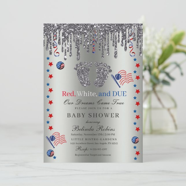 Red White Blue Patriotic Silver Glitter Baby Feet Invitation (Standing Front)