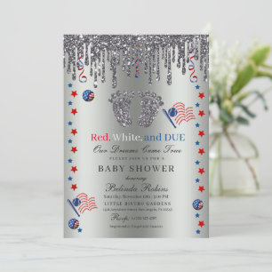 Red White Blue Patriotic Silver Glitter Baby Feet Invitation