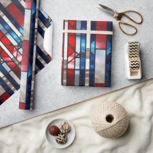 Red White Blue Patriotic Stained Glass 4th of July Wrapping Paper