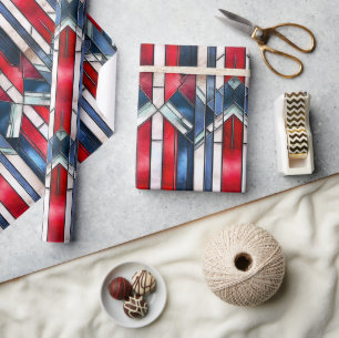 Red White Blue Patriotic Stained Glass 4th of July Wrapping Paper