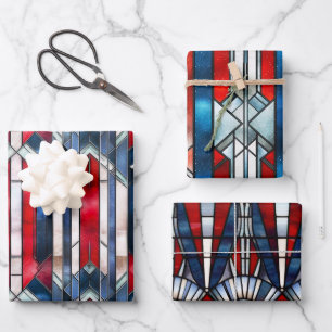 Red White Blue Patriotic Stained Glass 4th of July Wrapping Paper Sheet