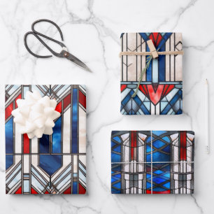 Red White Blue Patriotic Stained Glass 4th of July Wrapping Paper Sheet