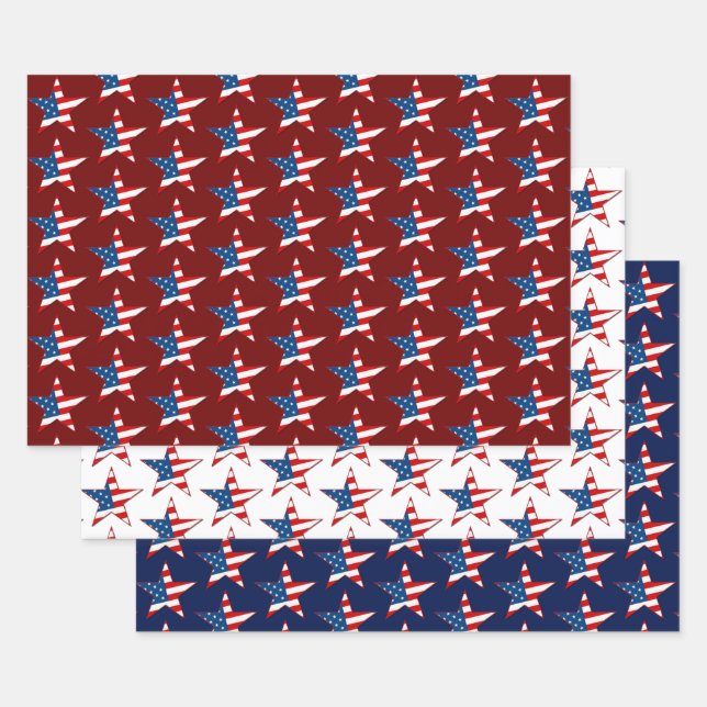 Red White & Blue Patriotic Stars Wrapping Paper Sheet (Set)