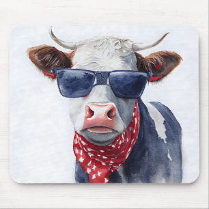 RED WHITE BLUE PATRIOTIC WATERCOLOR COW MOUSE MAT