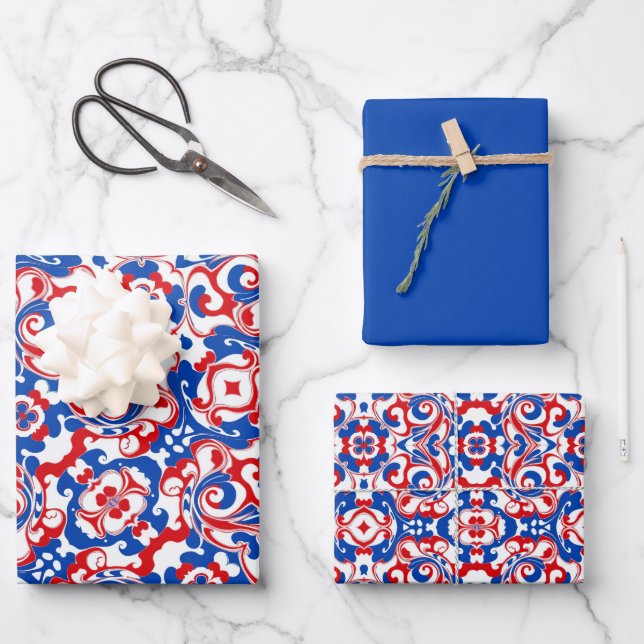Red, White & Blue Pattern Wrapping Paper Sheet (Front)