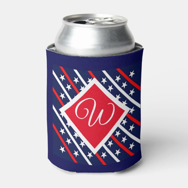 Red White & Blue Patterned Custom Initial Can Cooler (Can Front)