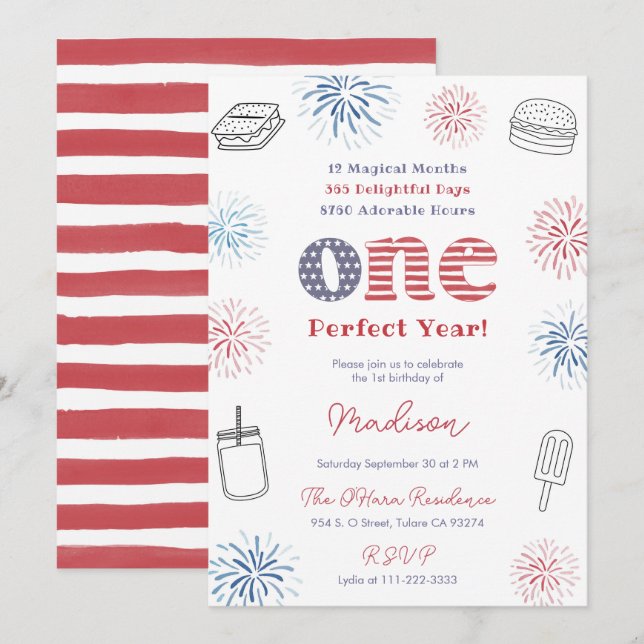 Red White Blue Perfect Year 1st Birthday Party Invitation (Front/Back)