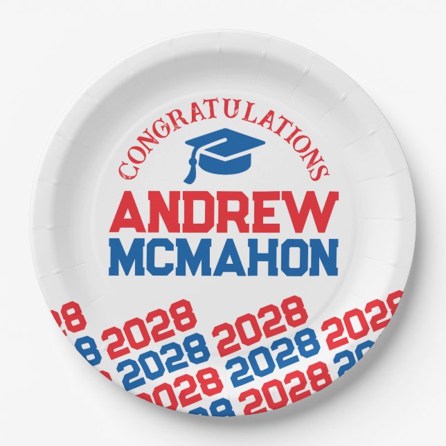 Red, White & Blue Personalised Graduation Paper Plate (Front)
