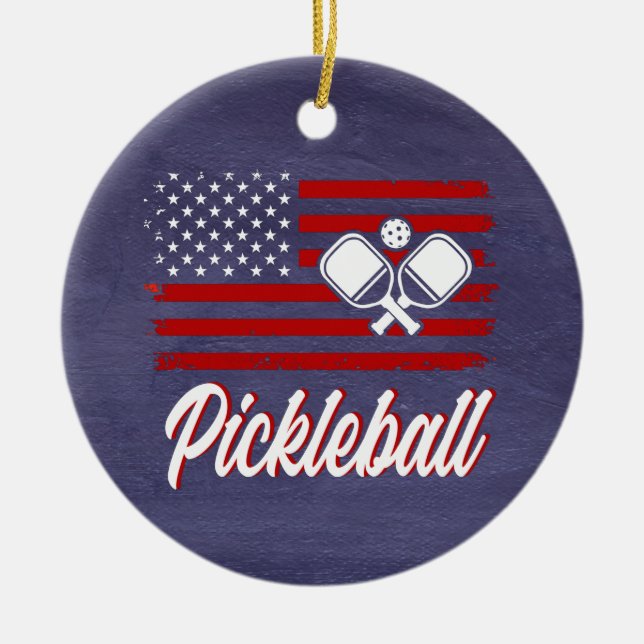 Red White Blue Pickleball Christmas Ceramic Tree Decoration (Front)