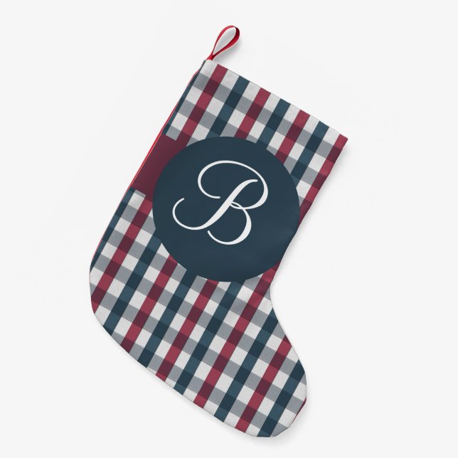 Red white blue plaid monogram Christmas stocking (Front (Hanging))