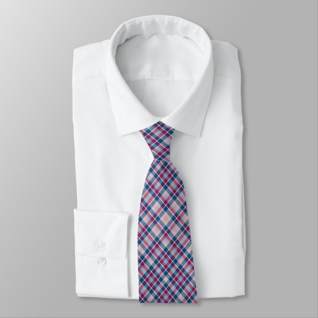 Red White Blue Plaid Pattern Classic Neck Tie (Tied)