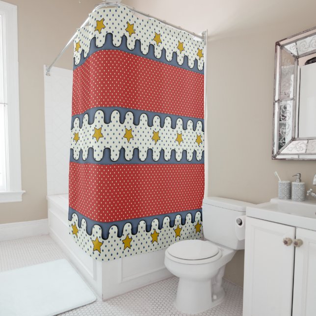 Red, White, Blue - Polka Dots, Stripes and Stars Shower Curtain (In Situ)