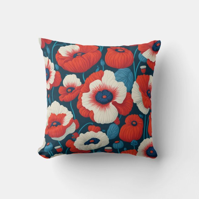 Red, White, & Blue Poppies Pillow (Front)