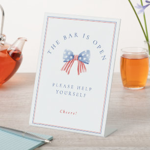 Red White Blue Preppy BBQ Watercolor Bow Pedestal Sign