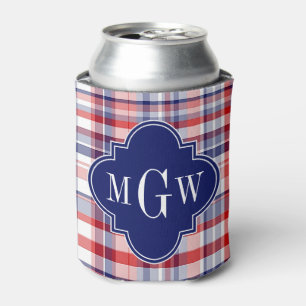Red White Blue Preppy Madras Monogram Can Cooler