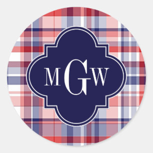 Red White Blue Preppy Madras Monogram Classic Round Sticker