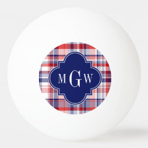 Red White Blue Preppy Madras Monogram Ping Pong Ball