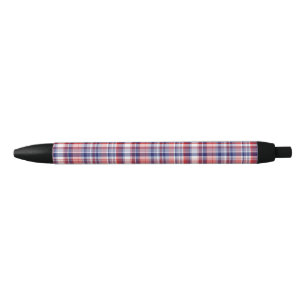 Red, White, Blue Preppy Madras Plaid Black Ink Pen