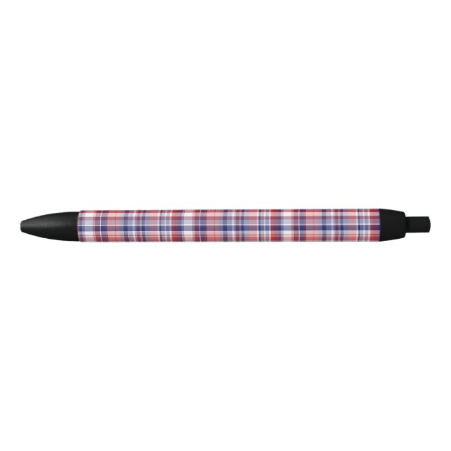Red, White, Blue Preppy Madras Plaid Black Ink Pen (Front)