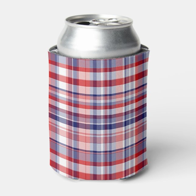 Red, White, Blue Preppy Madras Plaid Can Cooler (Can Front)