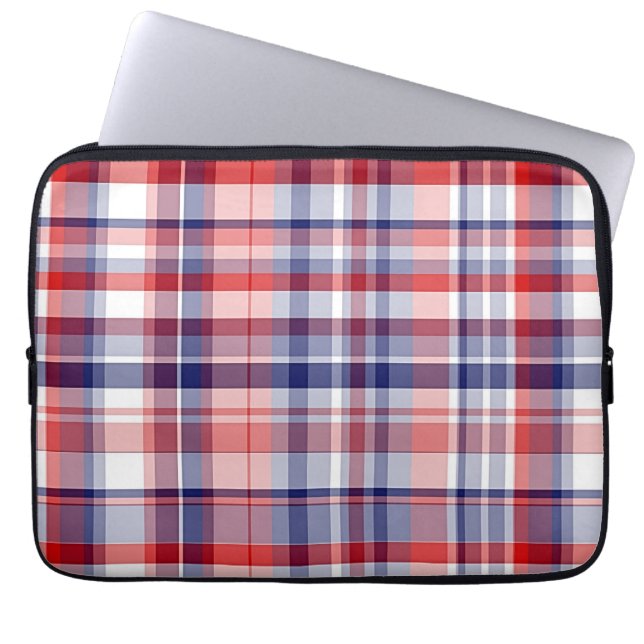 Red, White, Blue Preppy Madras Plaid Laptop Sleeve (Front)
