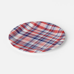 Red, White, Blue Preppy Madras Plaid Paper Plate