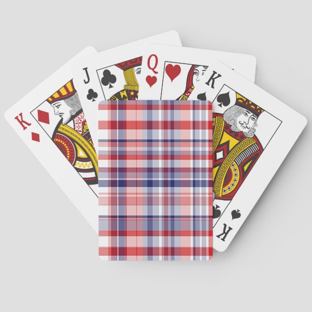 Red, White, Blue Preppy Madras Plaid Playing Cards (Back)