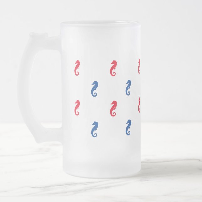 Red white blue seahorse pattern patriotic frosted glass beer mug (Left)