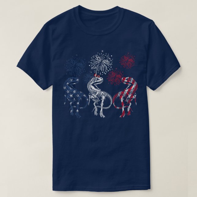 Red White Blue Skeleton Dinosaur Firework 4th Of J T-Shirt (Design Front)
