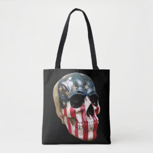 Red White & Blue Skull on an all over printed tote Bag