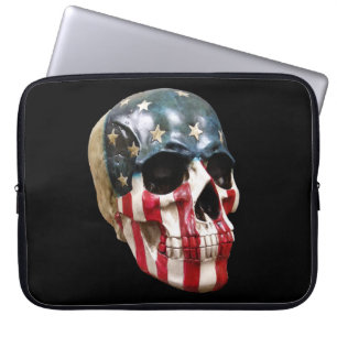 Red White & Blue Skull on black laptop sleeve