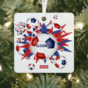 Red white blue soccer ball blowout girl boy sports metal tree decoration