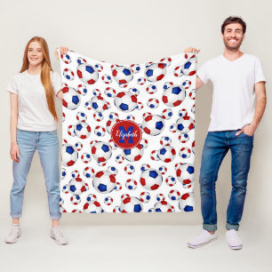 red white blue soccer balls pattern personalised fleece blanket