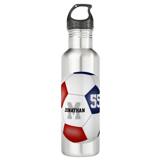 red white blue soccer team colours boys girls 710 ml water bottle (Front)