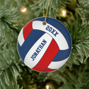 red white blue sports team colors boys volleyball ceramic tree decoration