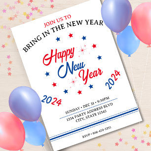 Red White & Blue Star Happy New Year 2024 Invitation