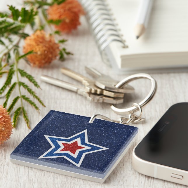 Red, White, Blue Star July 4 Glitter Key Ring (Front Right)