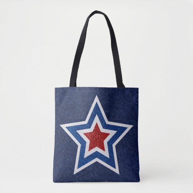 Red, White, Blue Star July 4 Glitter Tote Bag (Front)