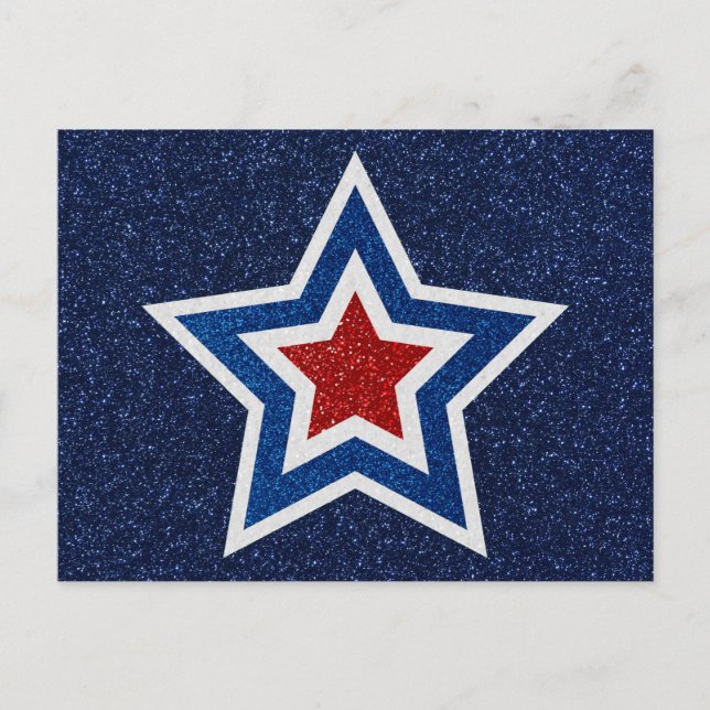 Red, White & Blue Star July 4th Glitter Postcard (Front)